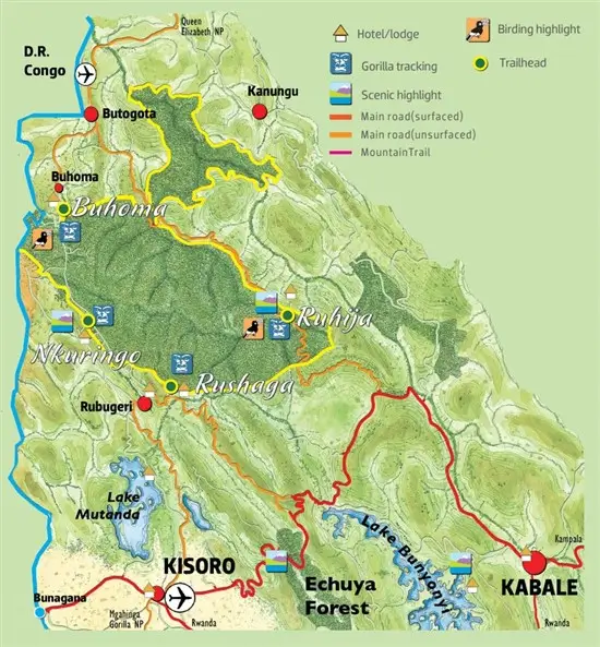 Map of Bwindi Impenetrable Forest National Park in Uganda.