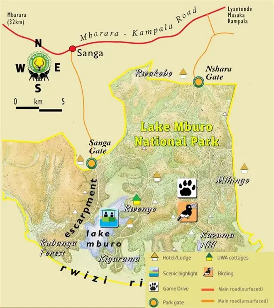 Map of Lake Mburo National Park in Uganda.