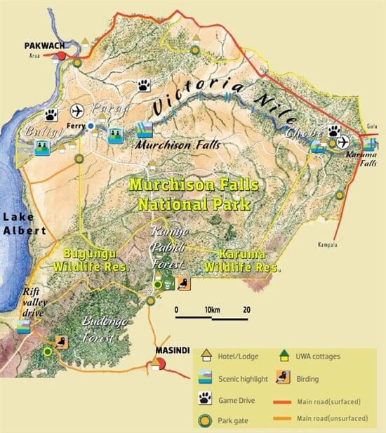 Map of Murchison Falls National Park in Uganda.