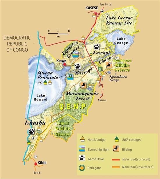 Map of Queen Elizabeth National Park in Uganda.