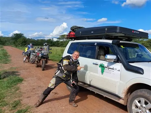 Group of bikers on a moto safari in Lake Mburo Uganda.