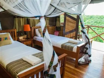 Inside of the accommodation at Bush Lodge in Queen Elizabeth National Park in Uganda.