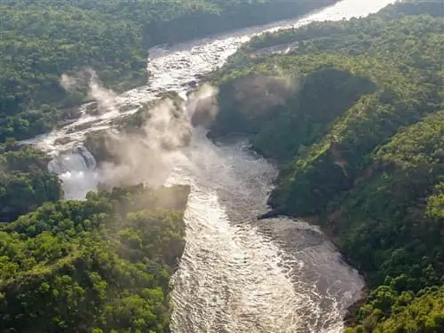 Drone view of the falls at Murchison Falls in Uganda.