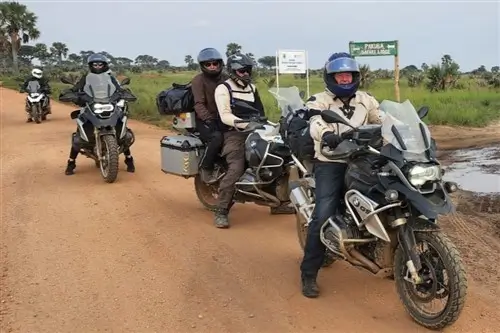A group of tourist on safari with BMW R1200 GS adventure bikes.