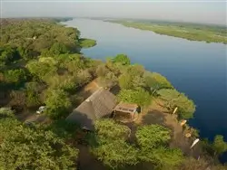 Drone view of Murchison River Lodge in Uganda.