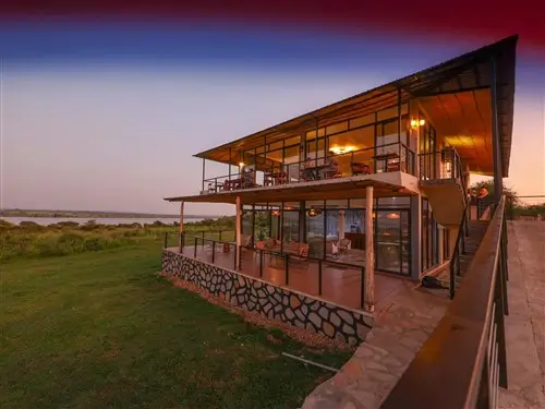 The restaurant and viewing area of Pakoba Lodge in Murchison Falls, Uganda.