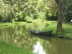 View of a boat in the water of the gardens at Whispering Palms in Fort Portal.